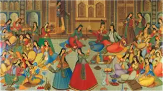 Iranian Persian female dancers and musicians performing in court